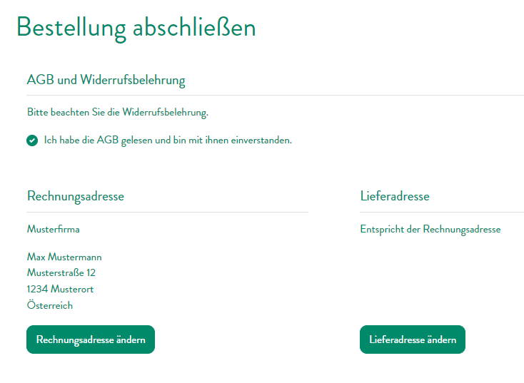 Ein Screenshot beim Bestellungsabschluss, mit AGB Option und Adressverwaltung